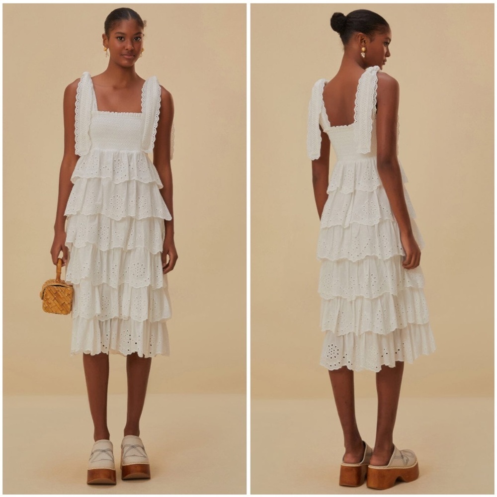 FARM RIO Embroidered Ruffle Tiered Midi Dress White Size Large NWT New
